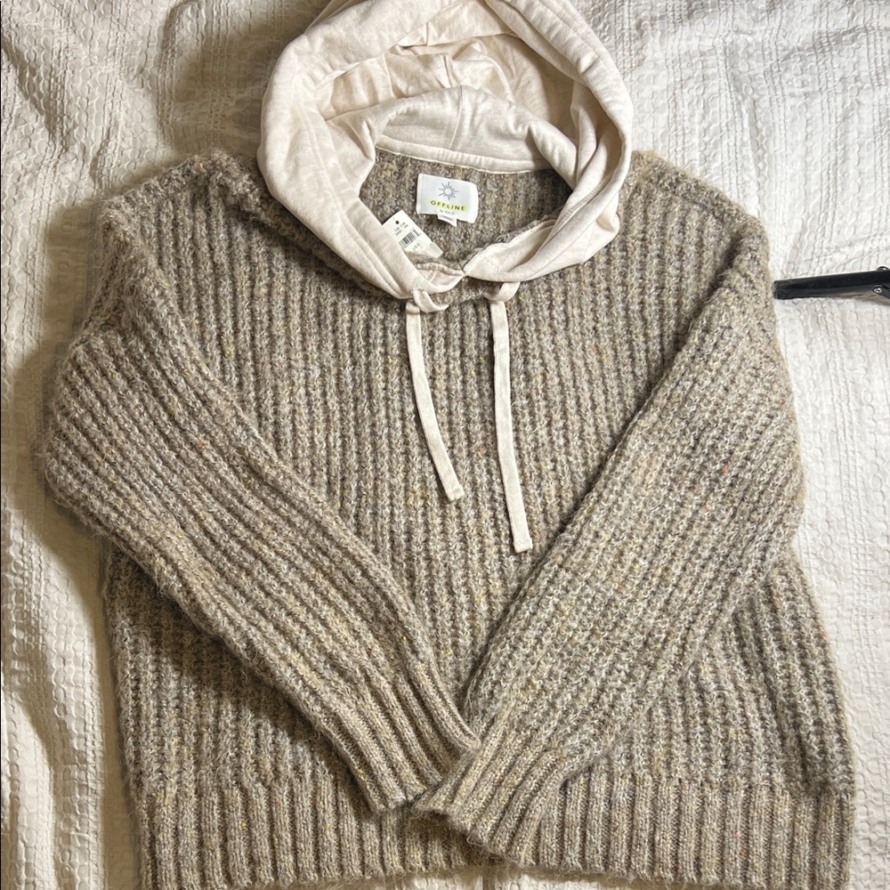 Offline by aerie Women’s Beige Ribbed Sweater with Hood